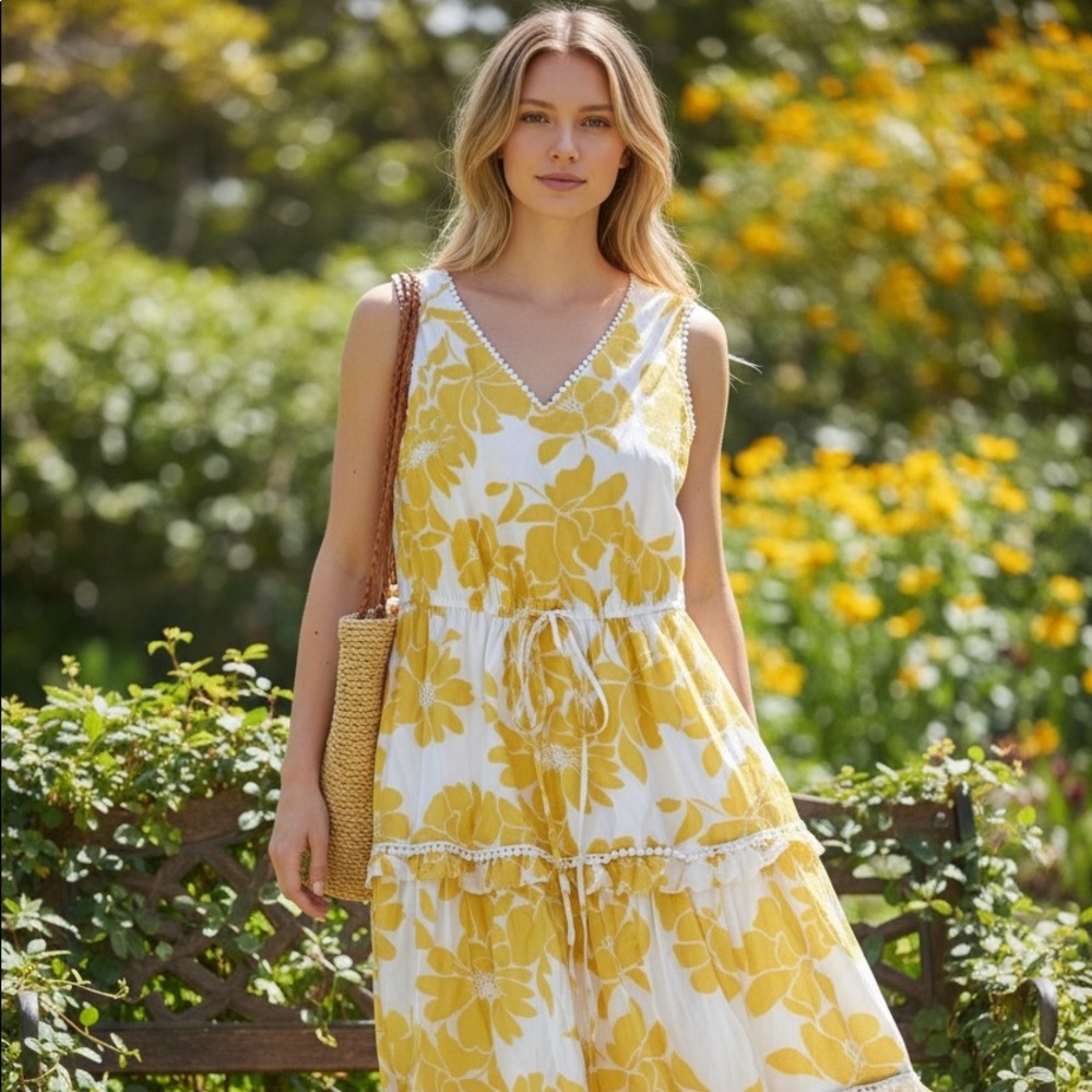 Roz & Ali yellow and white sleeveless floral 100% cotton maxi dress 8 M
